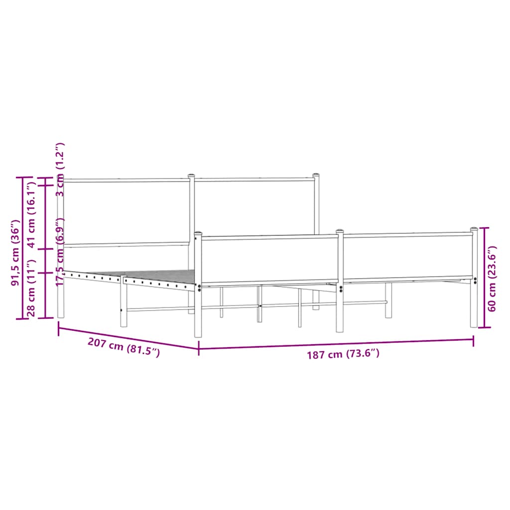 Metallbett ohne Matratze Braun Eichen-Optik 180x200 cm