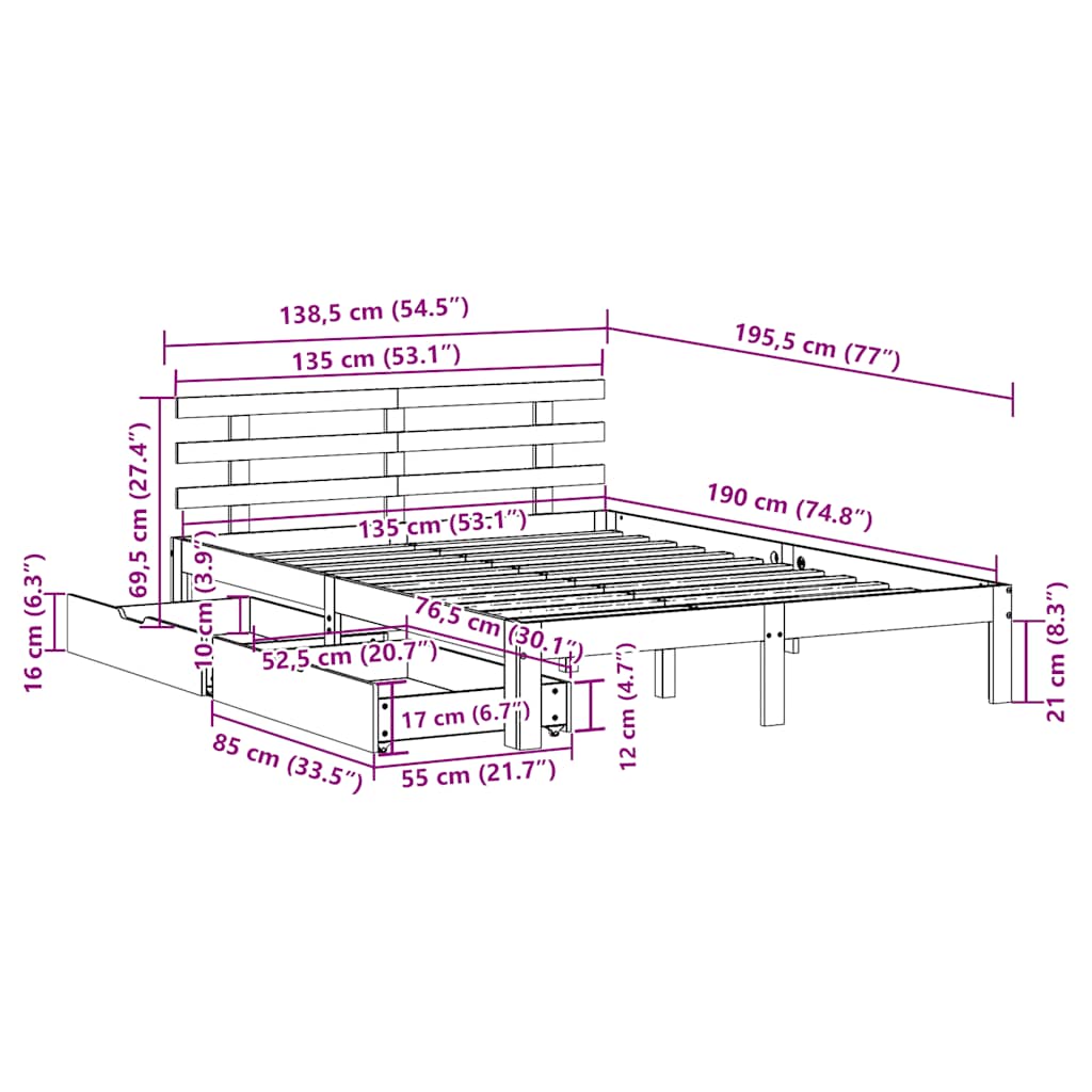 Massivholzbett mit Schubladen 135x190 cm Kiefer