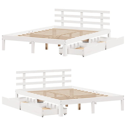 Massivholzbett mit Schubladen Weiß 150x200 cm Kiefer