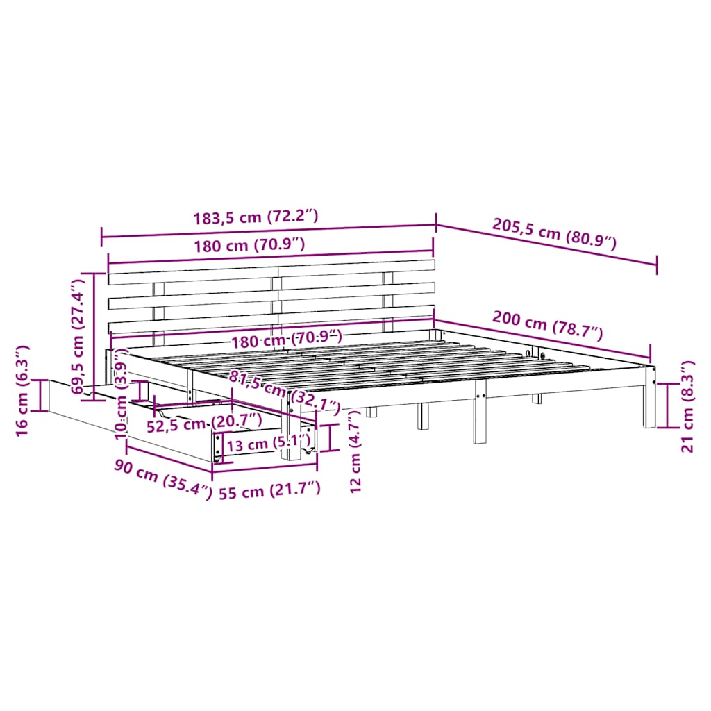 Massivholzbett mit Schubladen 180x200 cm Kiefer
