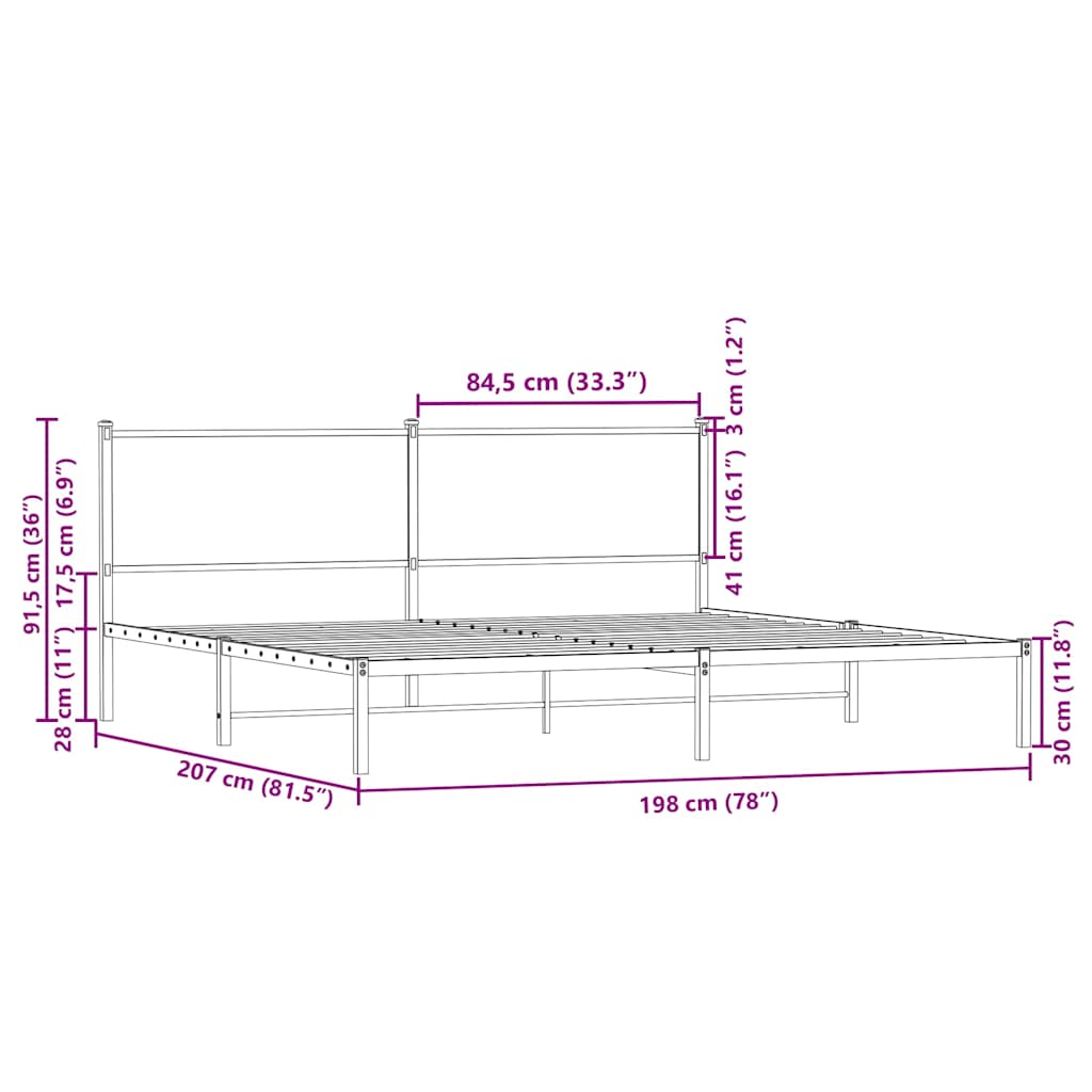 Metallbett ohne Matratze Sonoma-Eiche 193x203 cm