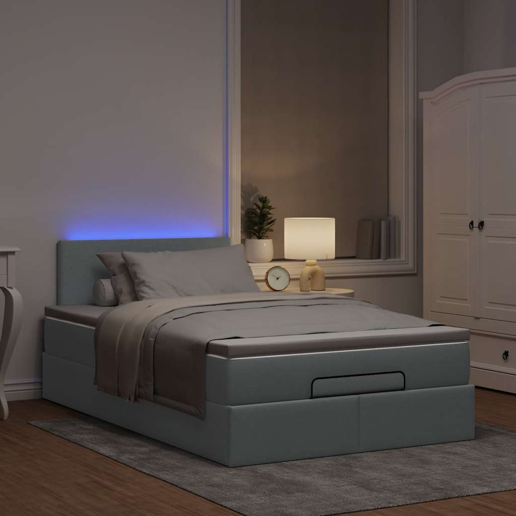Ottoman-Bett mit Matratze & LEDs Hellgrau 120x190 cm Stoff