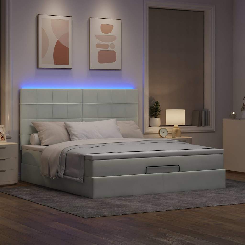 Ottoman-Bett mit Matratzen & LEDs Hellgrau 180x200 cm Samt