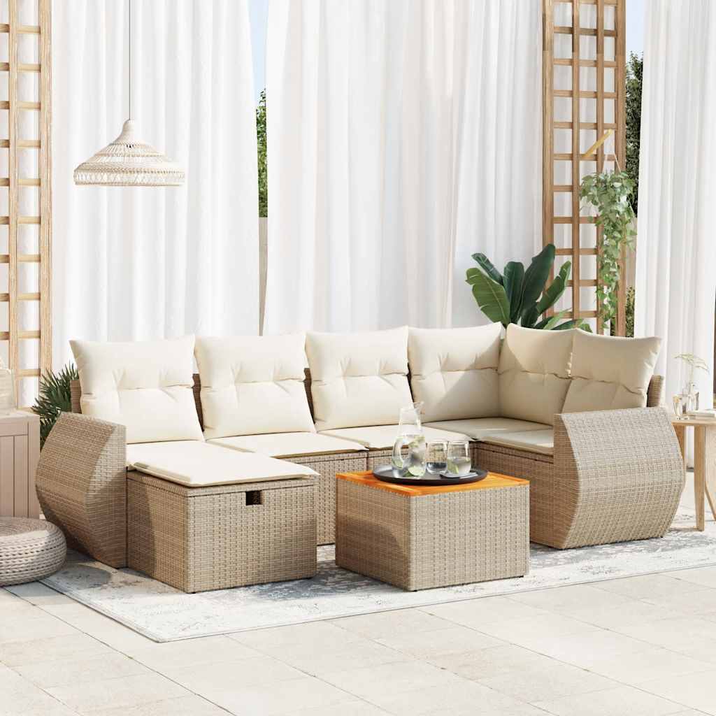 7-tlg. Garten-Sofagarnitur mit Kissen Beige Poly Rattan