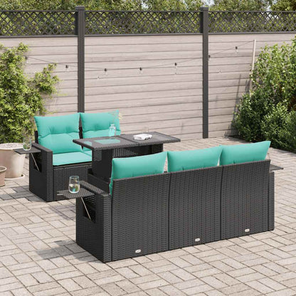 6-tlg. Garten-Sofagarnitur mit Kissen Schwarz Poly Rattan Akazie
