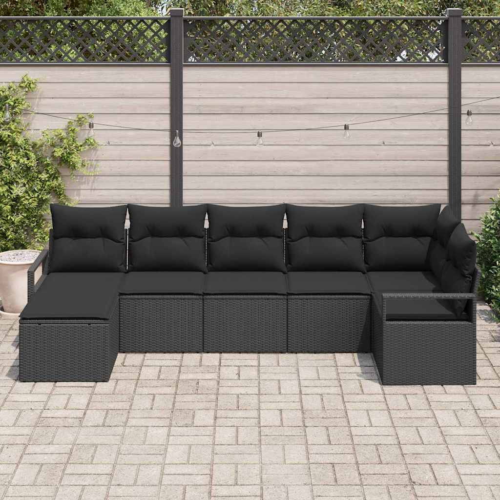Sofa Set mit Kissen 7 pcs Schwarz Poly Rattan