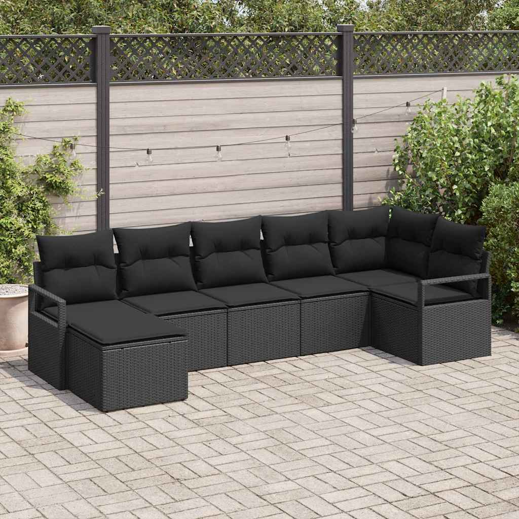 Sofa Set mit Kissen 7 pcs Schwarz Poly Rattan