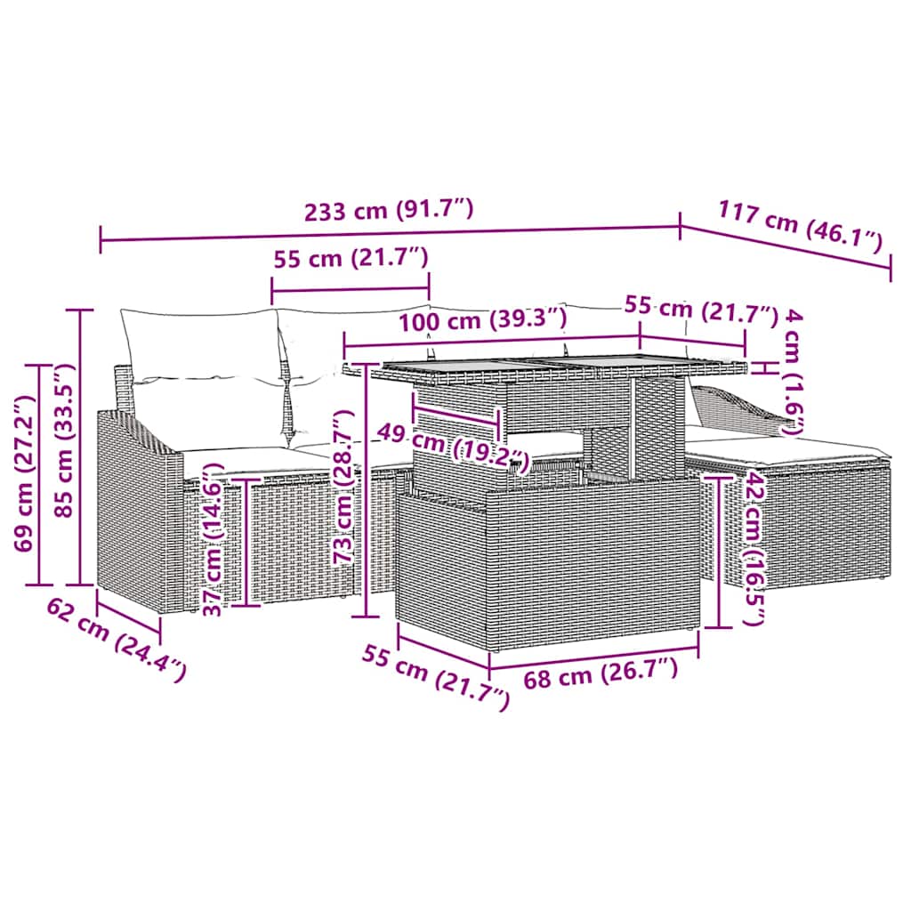 Garten Essgruppe mit Kissen 6 pcs Grau und Braun