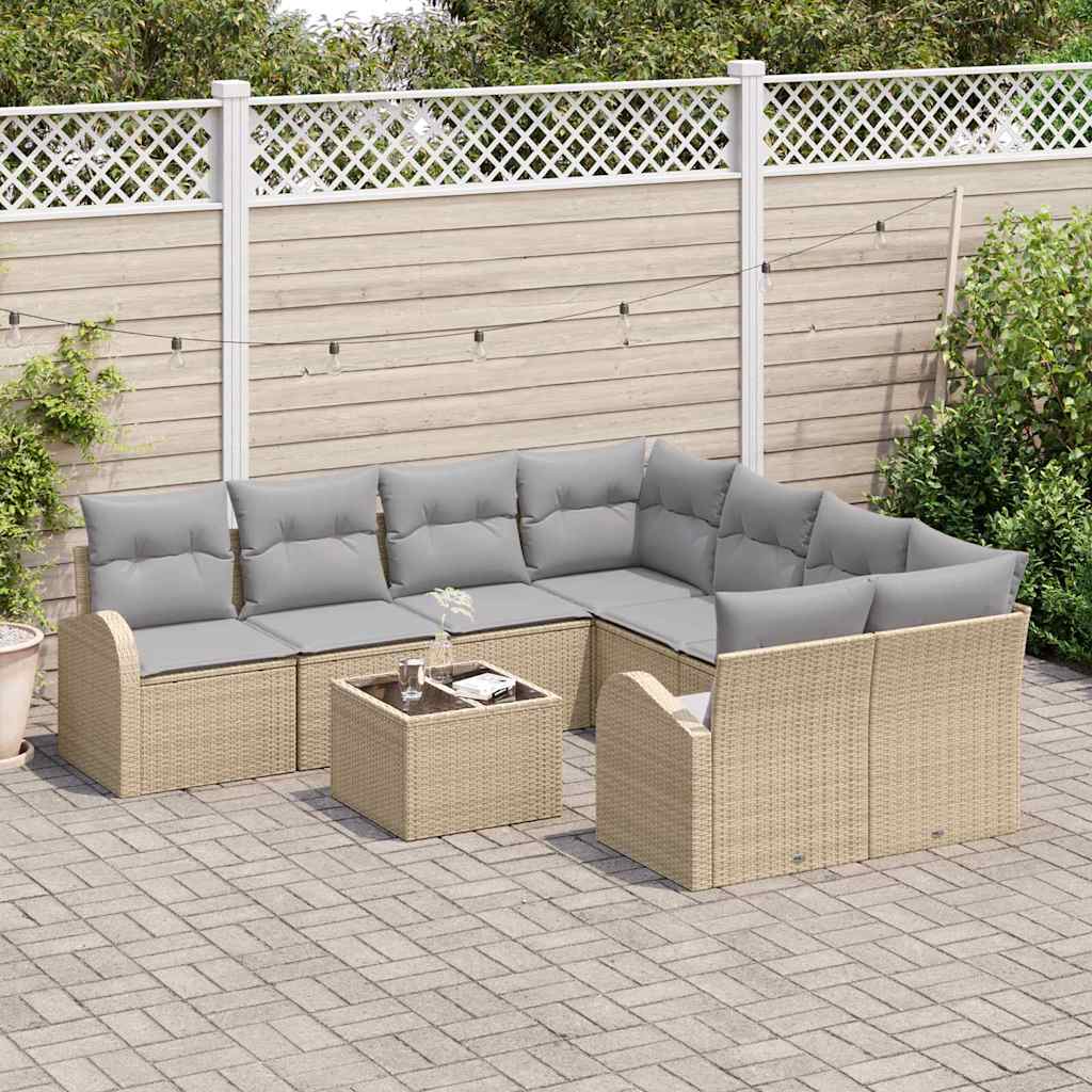 Sofa Set mit Kissen 9 pcs Beige und Grau Poly-Rattan