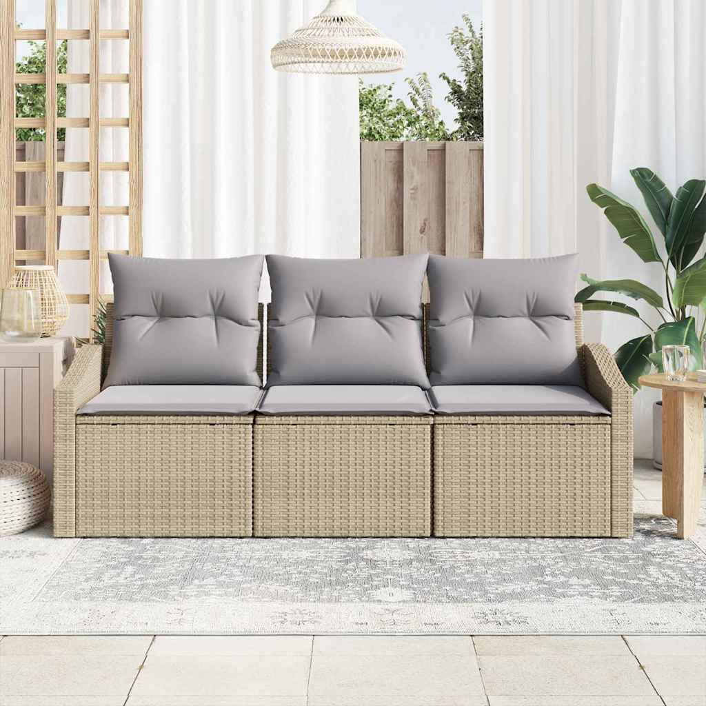 Gartensofa-set mit Kissen 3 pcs Beige und Hellgrau Poly-Rattan