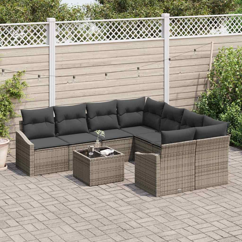 Sofa Set mit Kissen mit Speicher 9 pcs Grau Poly-Rattan