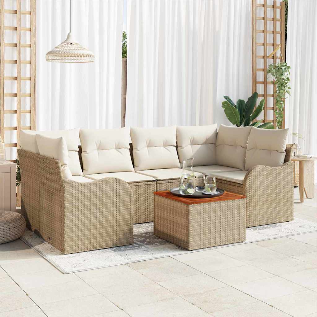 Gartensofa-set mit Speicher 7 pcs Beige und Creme Poly-Rattan