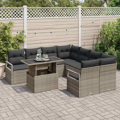 Gartensofa-set mit Kissen mit Speicher 9 pcs Grau Poly Rattan