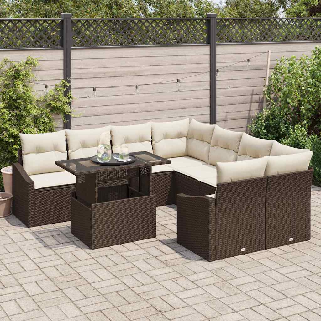 Garten-Sofa-Set mit Kissen mit Speicher 9 pcs Braun Poly-Rattan