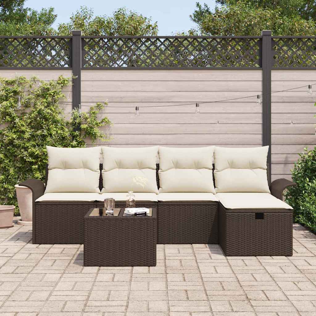 Gartensofa-set mit Kissen 6 pcs Braun und Creme Poly-Rattan