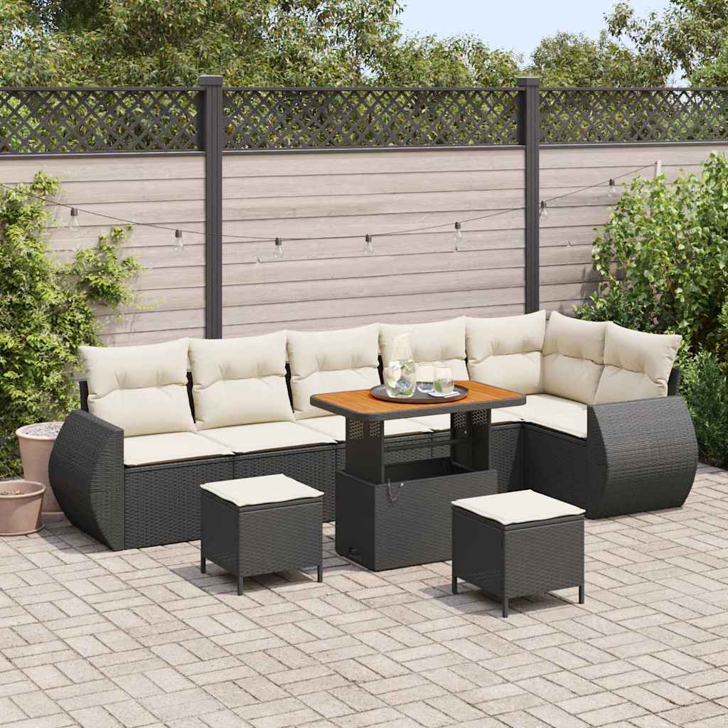 Gartensofa-set mit Kissen 9 pcs Schwarz und Creme Poly Rattan