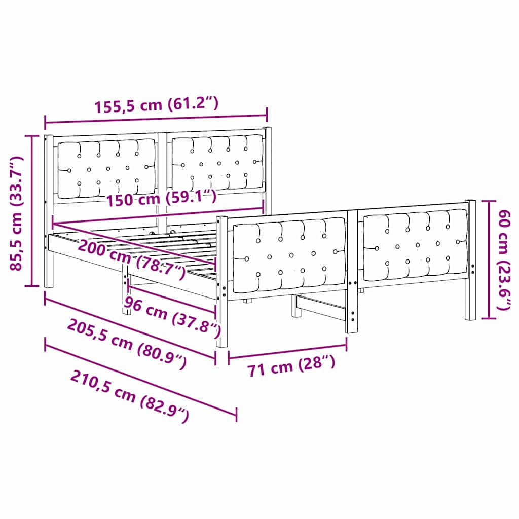 Bettrahmen Schwarz 150 x 200 cm Massives Kiefernholz