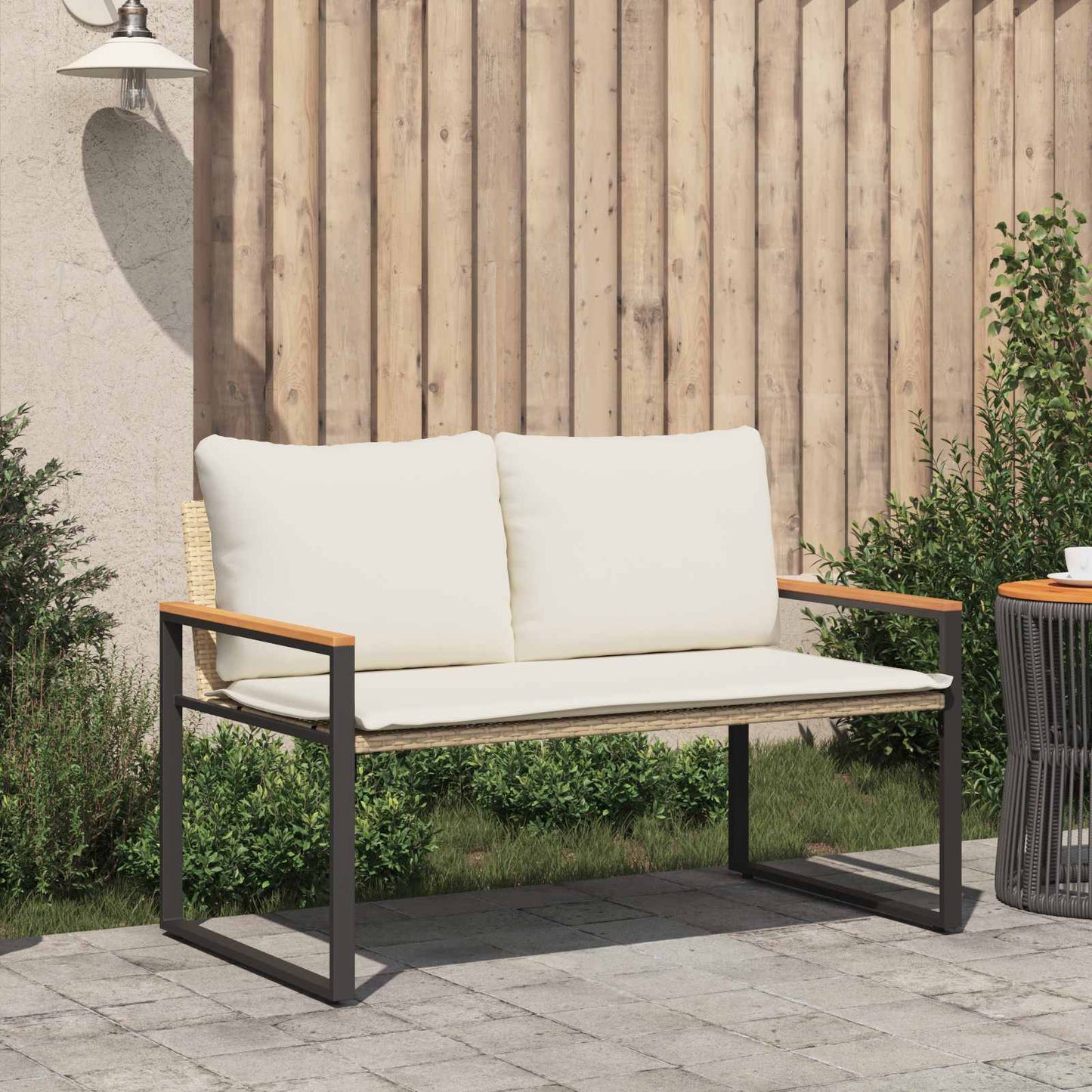 Bank mit Kissen Beige und Cremeweiß 115 x 65 x 72 cm Rattan