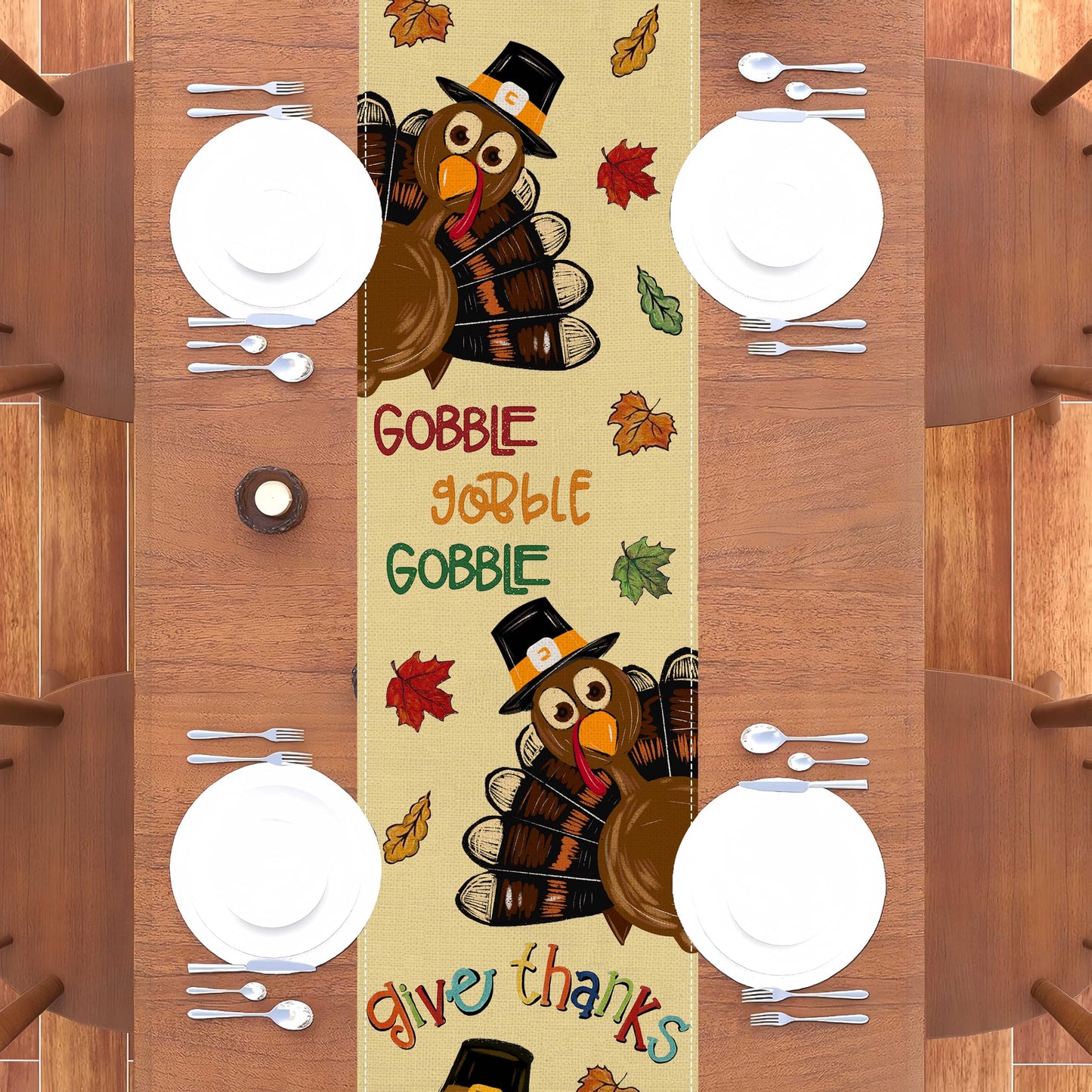 Thanksgiving Turkey Table Runner, Give Thanks Gobble Turkey Maple Leaves Table Runner Fall Autumn Kitchen Dining Table Decoration for Home Party Decor 13x72 Inch