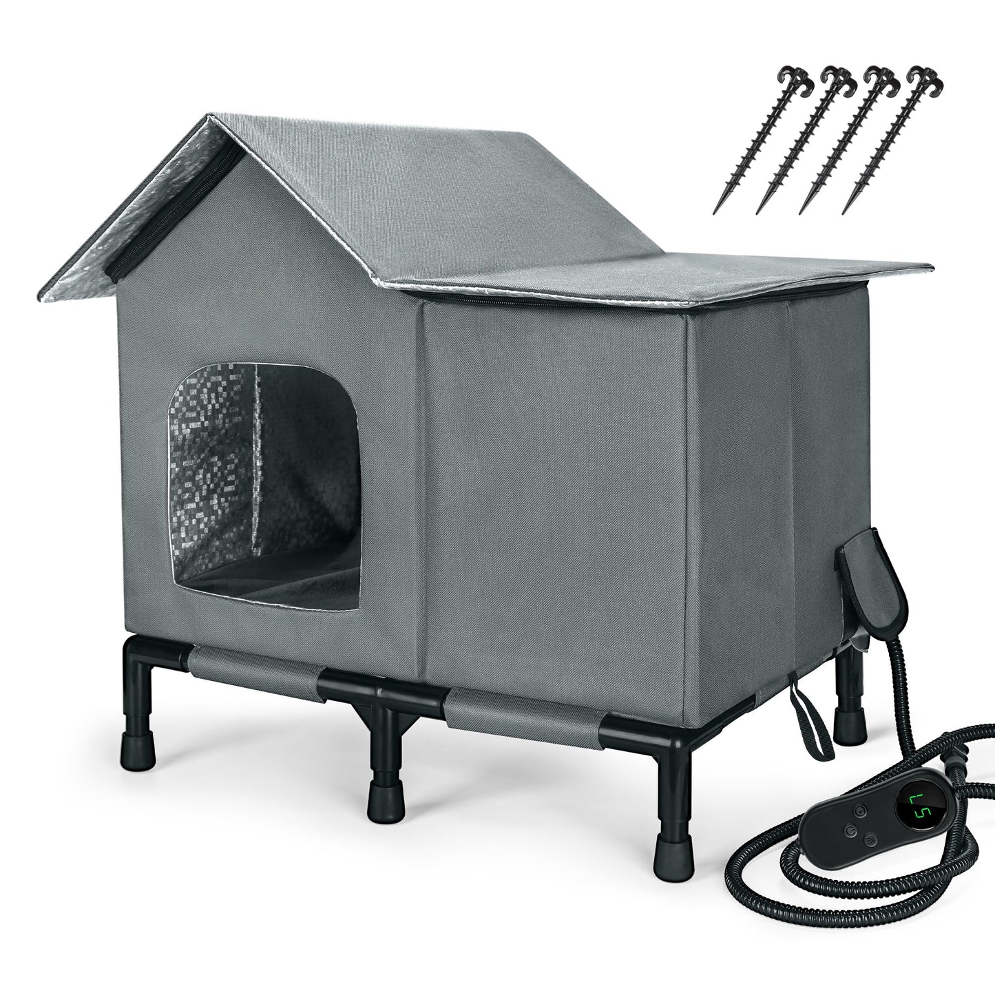 PatiencET Heated Cat House for Outside, Foldable Weatherproof Insulated Outdoor Cat House, Adjustable Temperature, Elevated Base with Ground Stakes, for Indoor/Outdoor Cats
