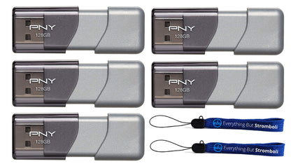 PNY 128GB USB 3.0 Flash Drive Elite Turbo Attache 3 (Five Pack) Model P-FD128TBOP-GE Bundle with (2) Everything But Stromboli Lanyard