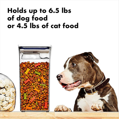 OXO Good Grips Pet POP Container – 6.0 Qt/5.7 L with Half Scoop, Ideal for up to 6.5lbs of Dog Food or 4.5lbs of Cat Food, Airtight Dog and Cat Food Storage Container, BPA Free, Clear