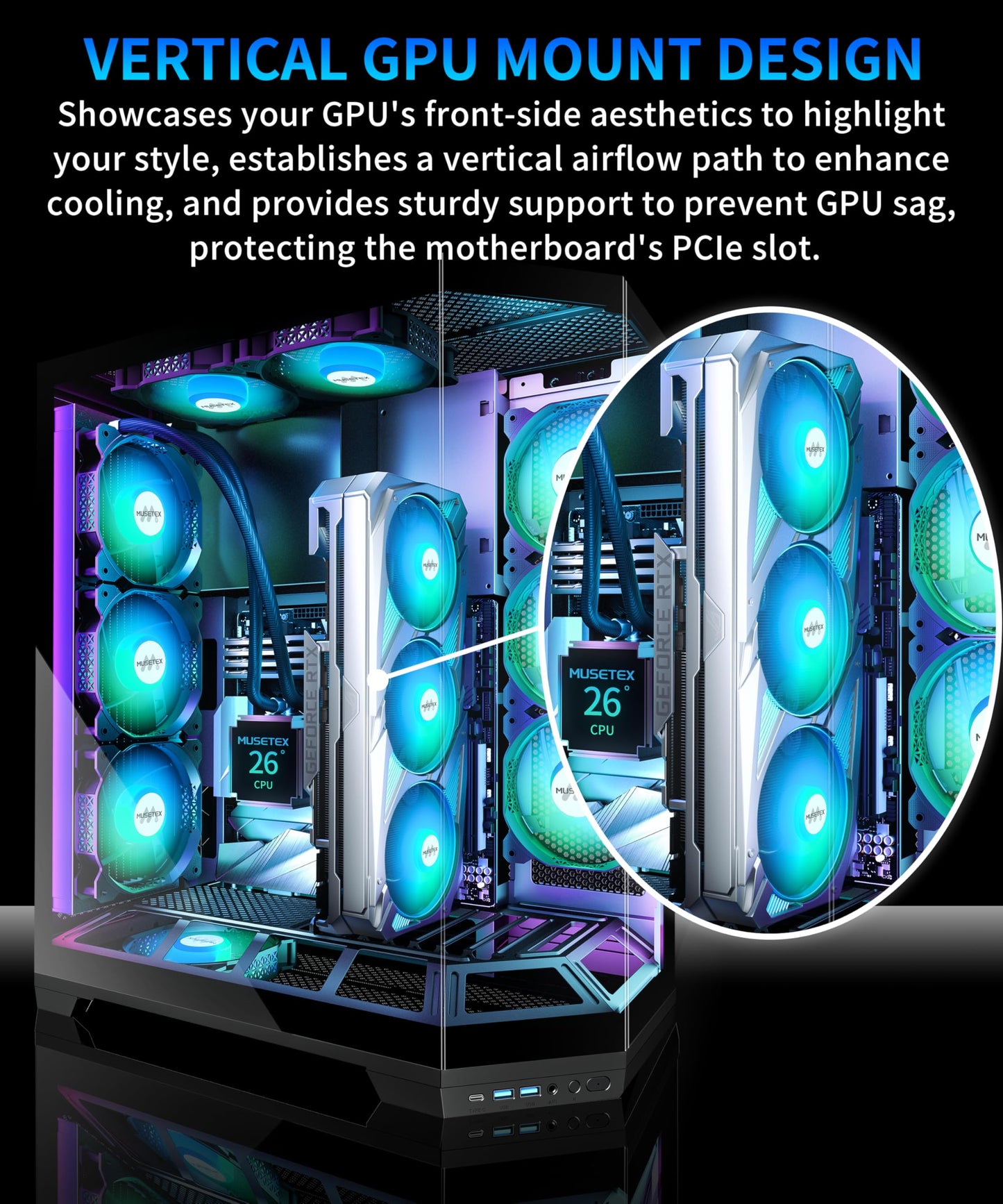 MUSETEX PC Case, Vertical GPU Mounting Design, Pre-Installed 5 PWM ARGB Fans, 360MM RAD Support, ATX Mid-Tower Gaming PC Case with Type-C, 270° Full View Tempered Glass, Black, GR3