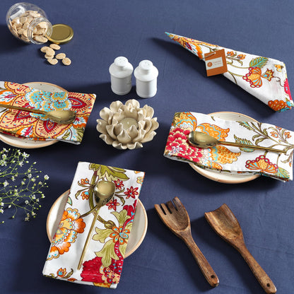 TARAN LIVING Napkins Fall Printed Cotton Cloth Napkin Reusable Boho Dinner Napkin Set Washable Dish Napkin for Gifts, Home Decor, Hotel, New Year Party - Kaveri - Set of 6, 20x20 Inches