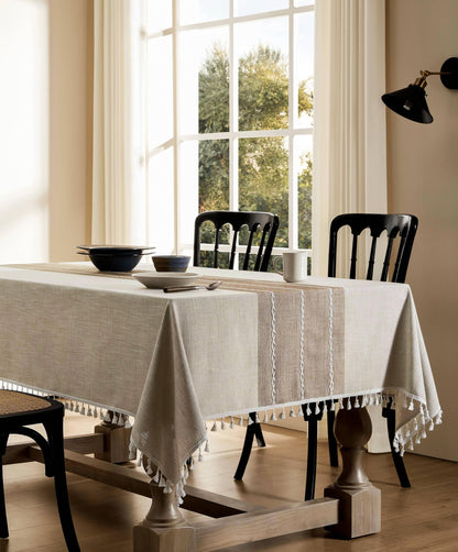 ZeeMart Contrast Linen Table Cloth Rectangle Table Cloths 52x70 Inch Brown, Farmhouse Style Heavy Weight Beige Tablecloth, Water Resistant Burlap Tablecloths