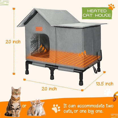 PatiencET Heated Cat House for Outside, Foldable Weatherproof Insulated Outdoor Cat House, Adjustable Temperature, Elevated Base with Ground Stakes, for Indoor/Outdoor Cats