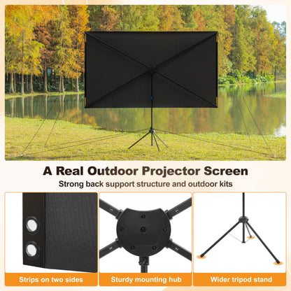 Outdoor Projector Screen 100 Inch, 16:9, High Gain, Projector Screen with Stand, Wind-resistant Design for Portable Projection Screen Outdoor, With Ropes and Spikes, 4K Image for Home Theater, Camping