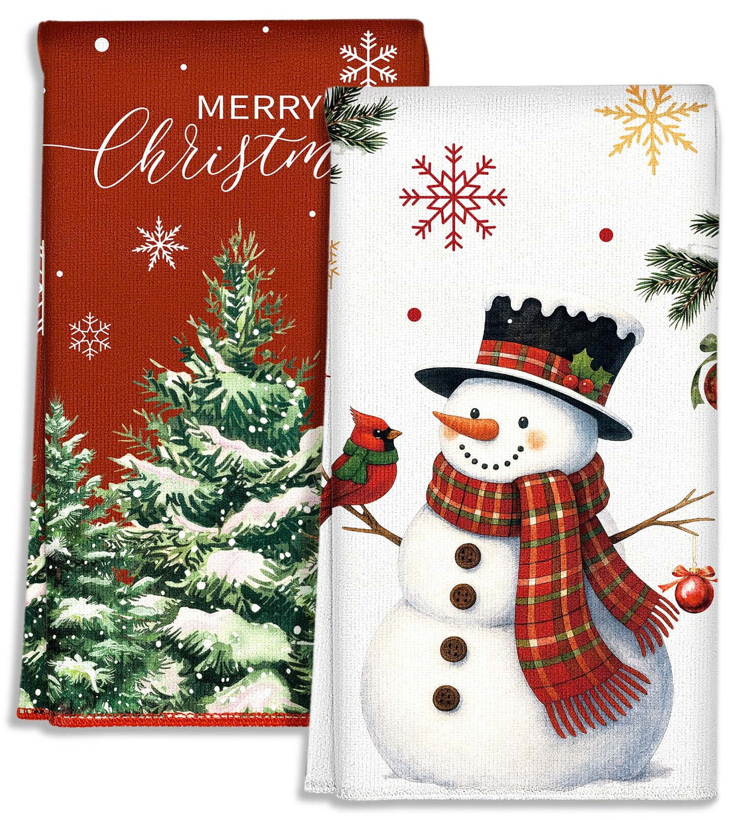 Miss Adola Christmas Kitchen Towels - Christmas Theme 18x26 Inch Absorbent 2pcs Microfiber Dish Towels for Kitchen, Cute Holiday Designs with Xmas Tree & Snowman for Decoration, Gifting, Housewarming