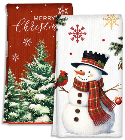 Miss Adola Christmas Kitchen Towels - Christmas Theme 18x26 Inch Absorbent 2pcs Microfiber Dish Towels for Kitchen, Cute Holiday Designs with Xmas Tree & Snowman for Decoration, Gifting, Housewarming