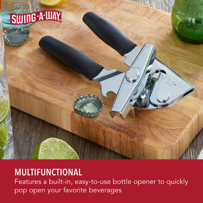 Swing-A-Way Portable Can Opener, Features an Ergonimic Handle for Optimal Comfort, and Built-in Bottle Opener for a 2-in-1 Tool, Durable Cutting Wheel, Black