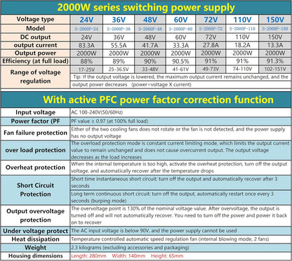 Switching Power Supply 2000W with PFC 110-240V AC to DC Power Supply 48V 41Amp 2000W for CCTV, Radio, Computer Project, LED Strip Lights, 3D Printer
