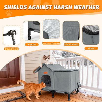 PatiencET Heated Cat House for Outside, Foldable Weatherproof Insulated Outdoor Cat House, Adjustable Temperature, Elevated Base with Ground Stakes, for Indoor/Outdoor Cats