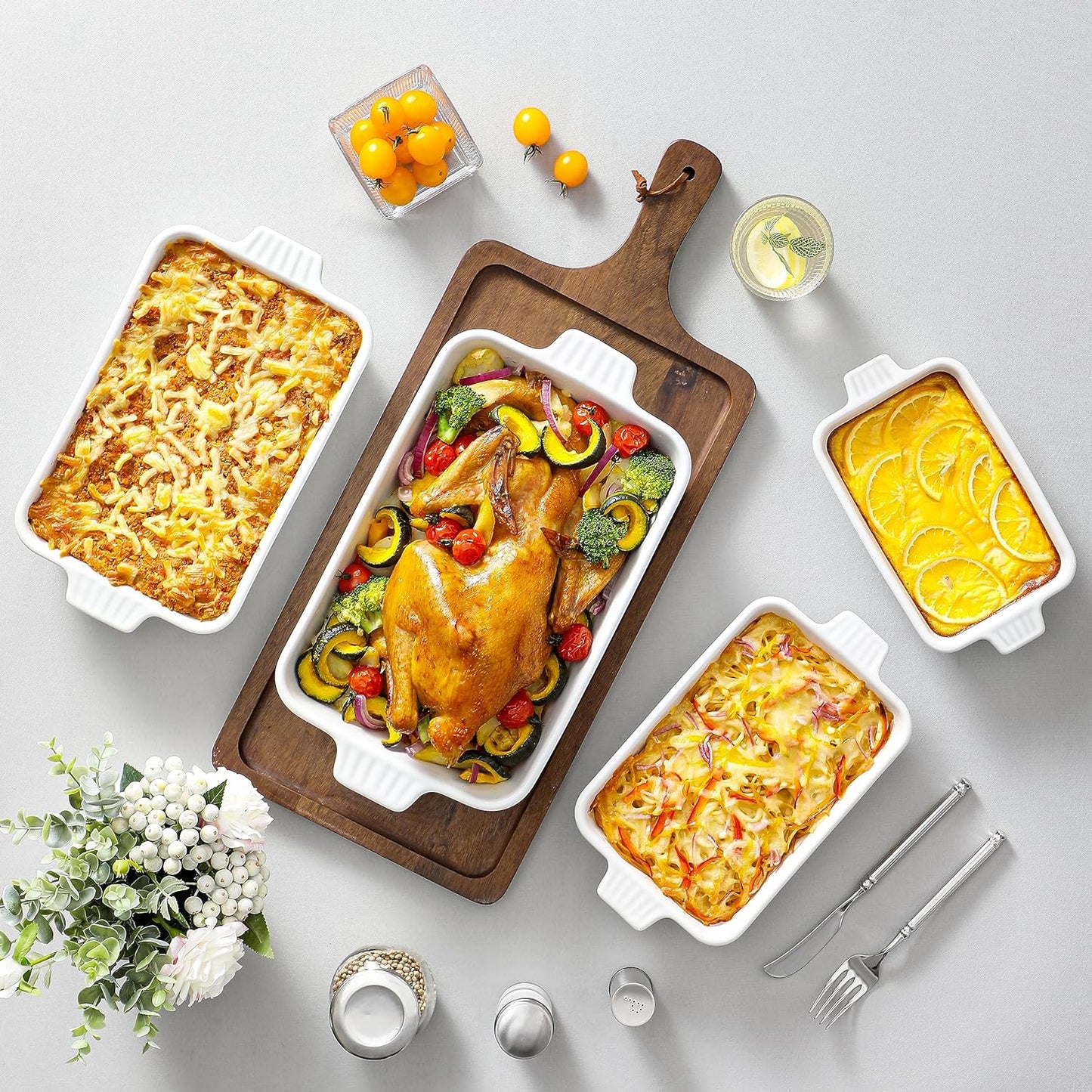 MALACASA Casserole Dishes for Oven, Porcelain Baking Dishes, Ceramic Bakeware Sets of 4, Rectangular Lasagna Pans Deep with Handles for Baking Cake Kitchen, White (9.4"/11.1"/12.2"/14.7"), Series